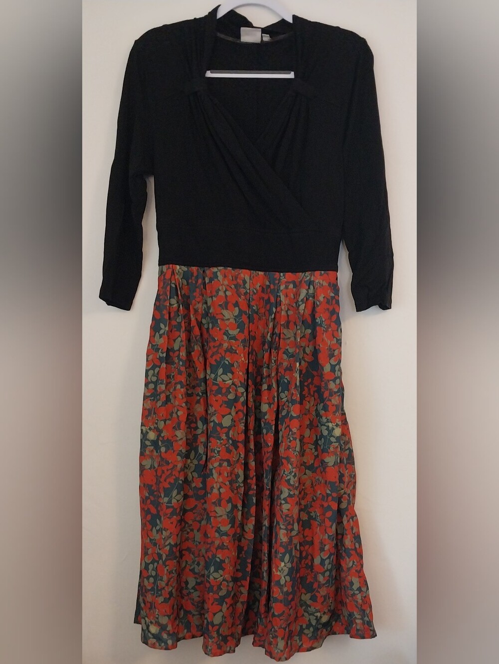 eshakti Black Wrap Top Orange Floral Midi Dress